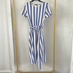 Women's Short Sleeve Striped Casual Flowy Midi Belt Dress with Pockets